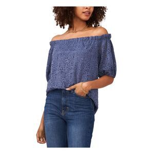 VINCE CAMUTO Womens Blue Textured Lined Bodice Elbow Sleeve Off Shoulder Top XS